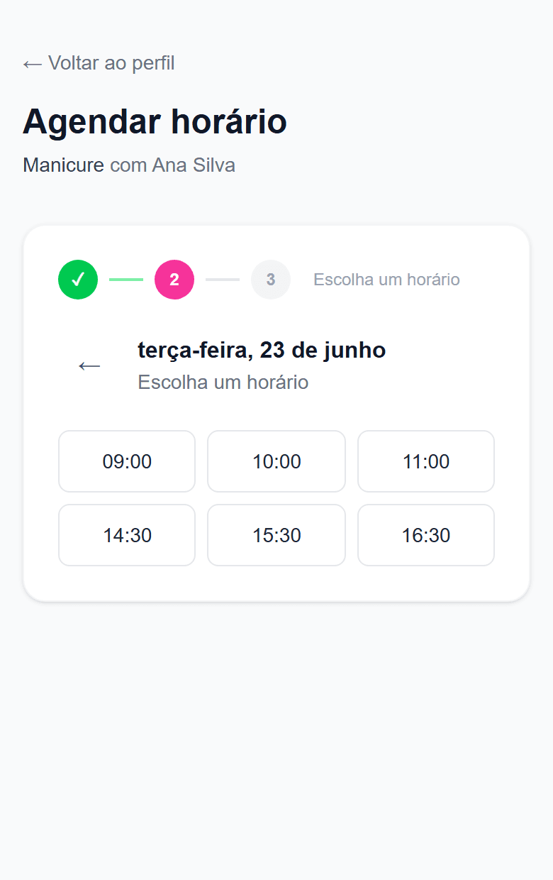 Tela de escolha de horário que a cliente vê ao agendar pelo link