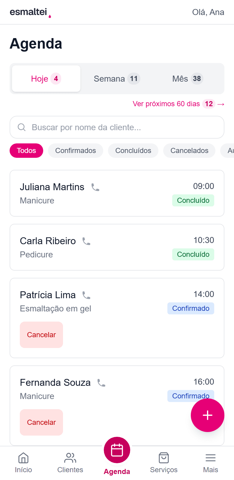Tela da agenda do dia no painel do Esmaltei, com agendamentos confirmados e concluídos